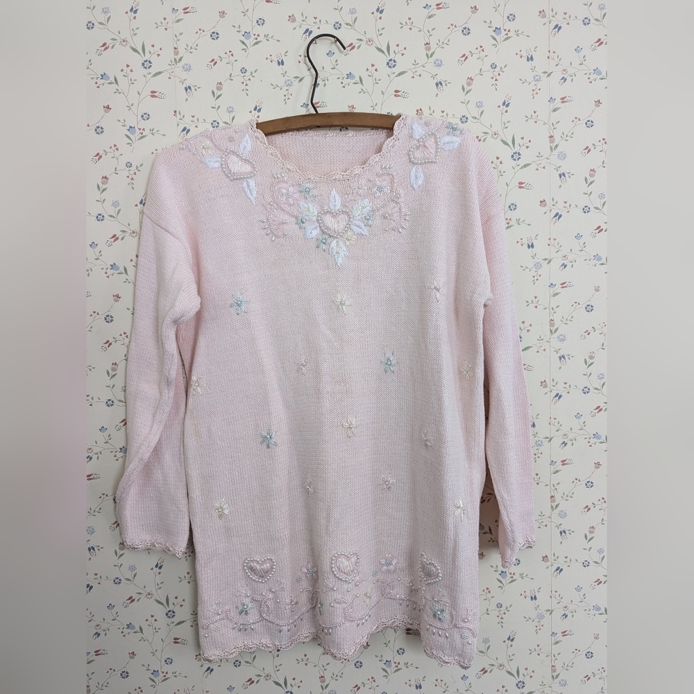 Vintage Pink Embellished Floral Knit Sweater